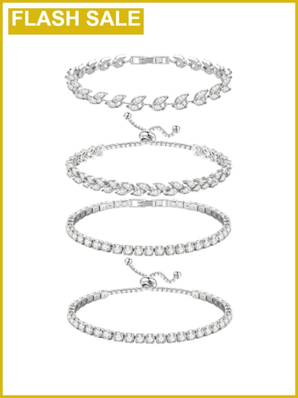 4 Pc Tennis Bracelet Set Adjustable Cubic Zirconia Chain Stackable
